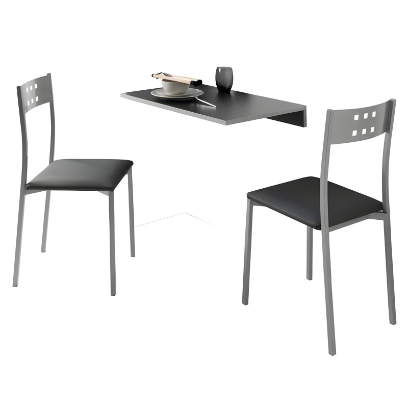 Conjunto de comedor con mesa negra flotante y dos sillas grises con asiento negro y respaldo perforado