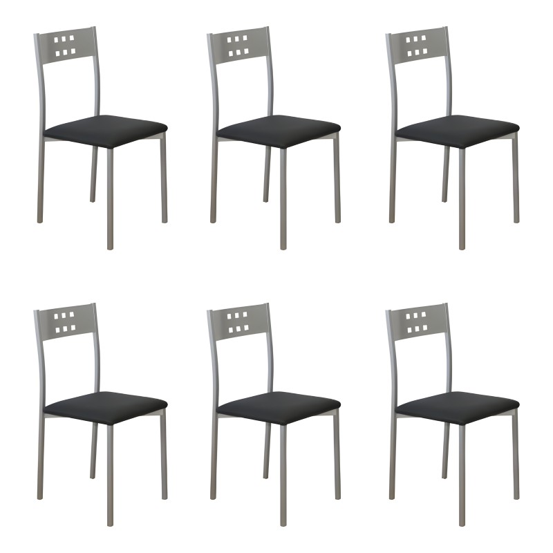 Conjunto de seis sillas con estructura metálica gris y respaldo perforado y asiento tapizado negro