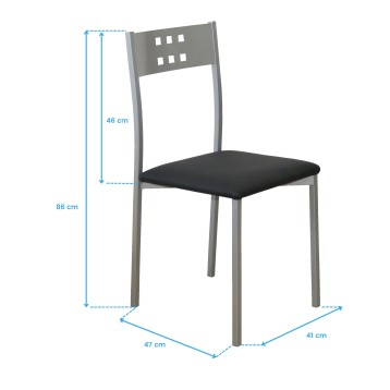 Silla de comedor con estructura gris y respaldo perforado con asiento tapizado en negro