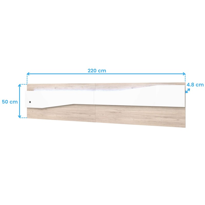 Estantería flotante en madera clara y blanco con diseño ondulado y compartimento abierto vista lateral