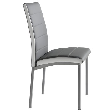 Silla de comedor con respaldo alto en piel gris y blanca con costuras y patas metálicas grises