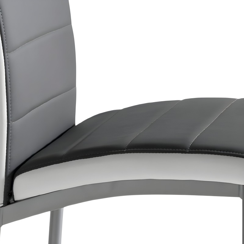 Silla con respaldo acolchado en gris y blanco y asiento curvo tapizado con costuras decorativas