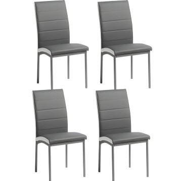 Conjunto de cuatro sillas de comedor con asiento y respaldo tapizado en gris y estructura metálica plateada
