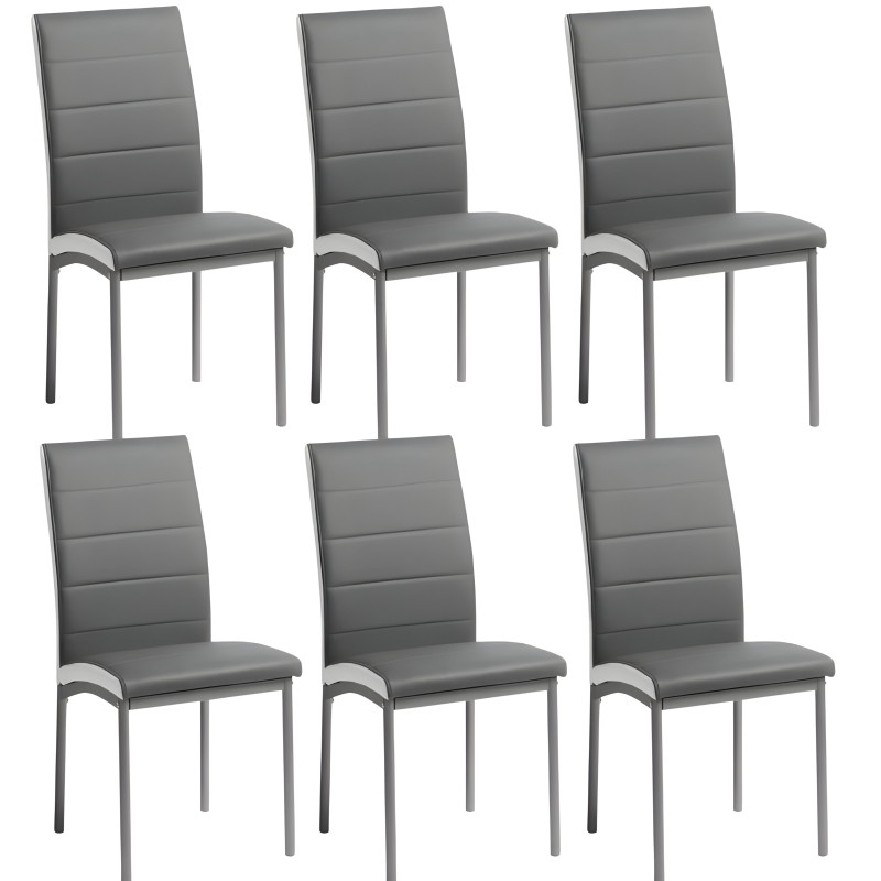 Sillas de comedor gris con respaldo acolchado y patas metálicas plateadas. Conjunto de seis unidades.