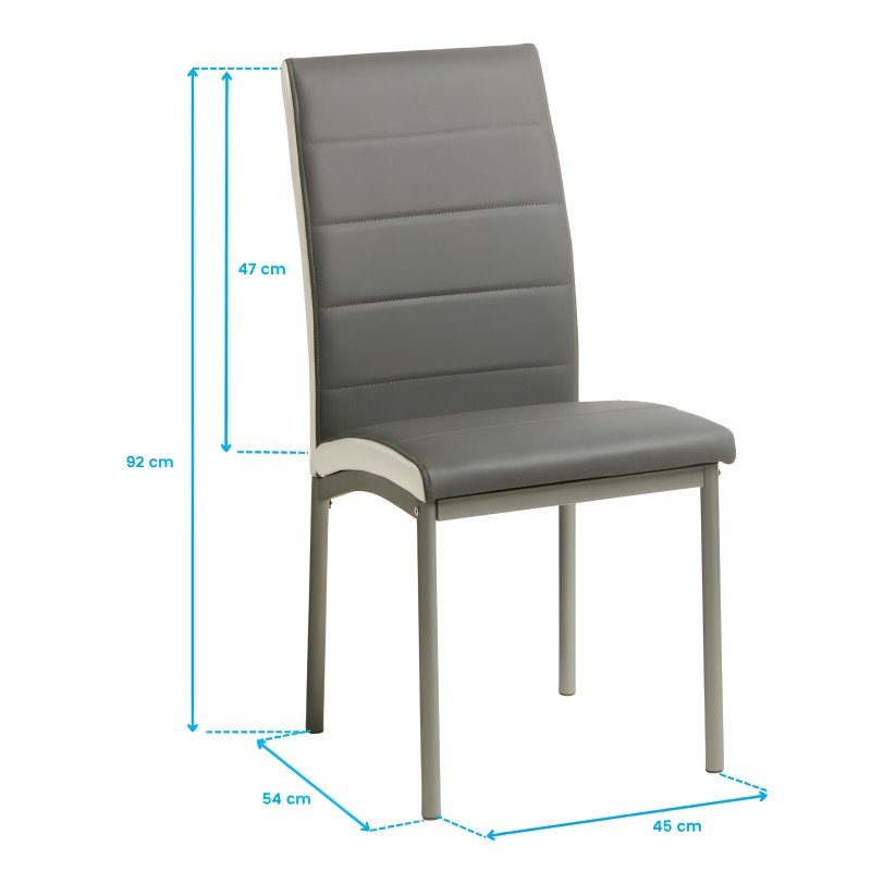 Silla de comedor tapizada en gris con respaldo acolchado y estructura metálica