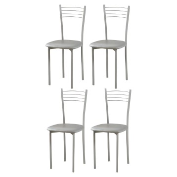 Juego de cuatro sillas de metal gris con asiento acolchado y respaldo con líneas horizontales