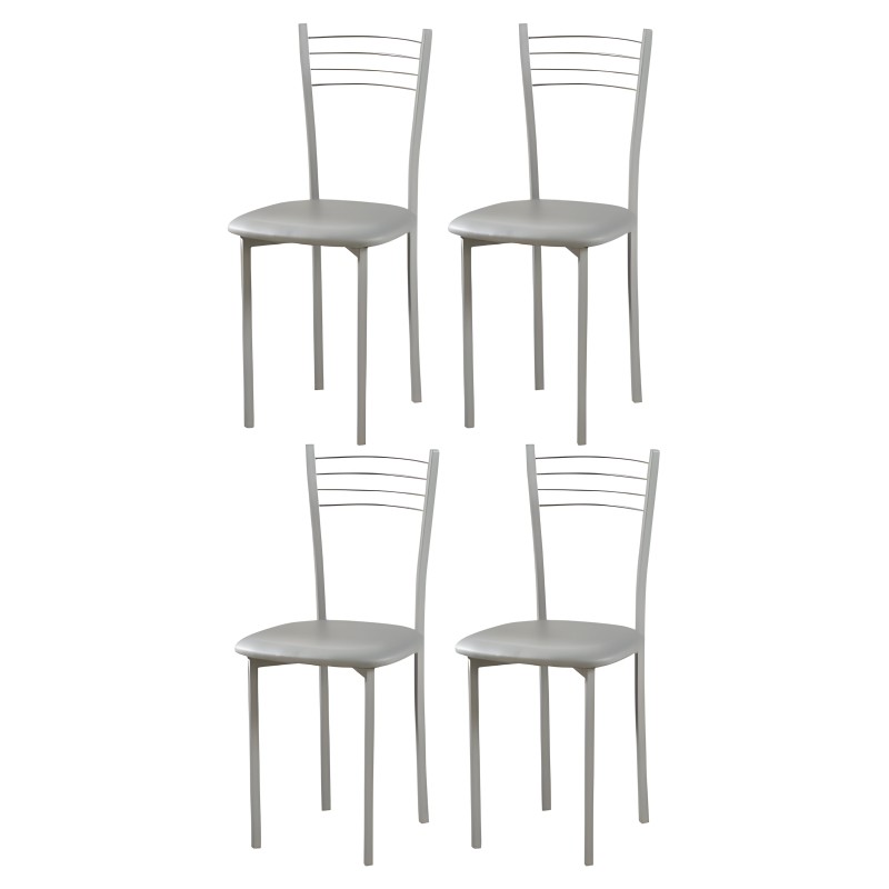 Juego de cuatro sillas de metal gris con asiento acolchado y respaldo con líneas horizontales