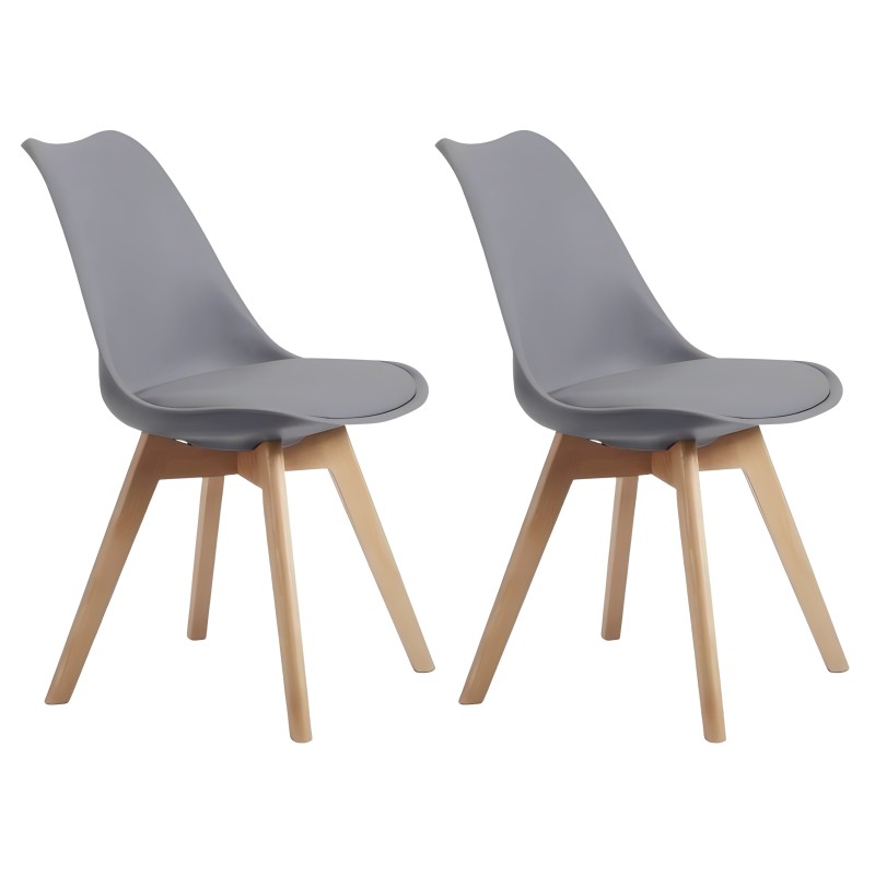 Par de sillas de comedor con asiento gris y respaldo ergonómico y patas de madera natural