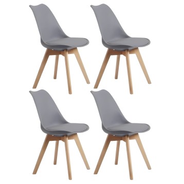 Set de 4 sillas de comedor gris claro con asiento acolchado y patas de madera natural