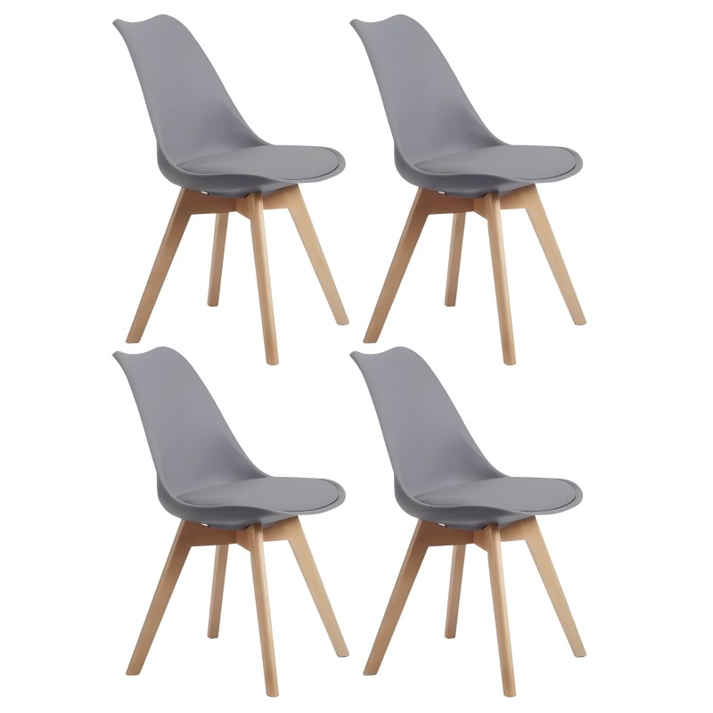 Set de 4 sillas de comedor gris claro con asiento acolchado y patas de madera natural