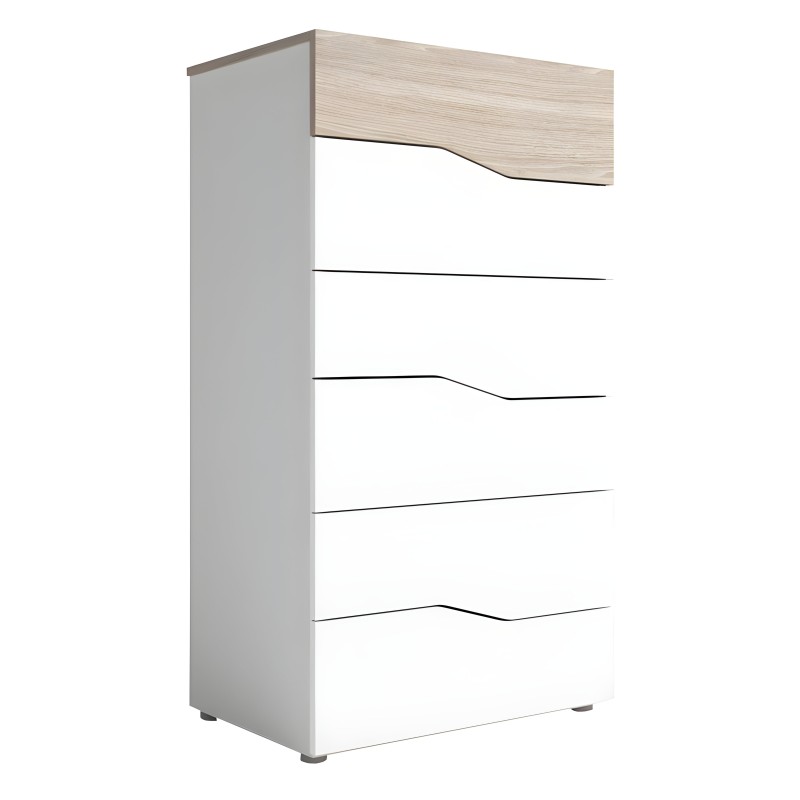 Cajonera blanca con tirador superior en madera clara y cinco cajones abiertos de frente