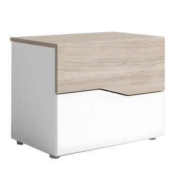 Mesita de noche con tablero en madera clara y base blanca con tirador negro