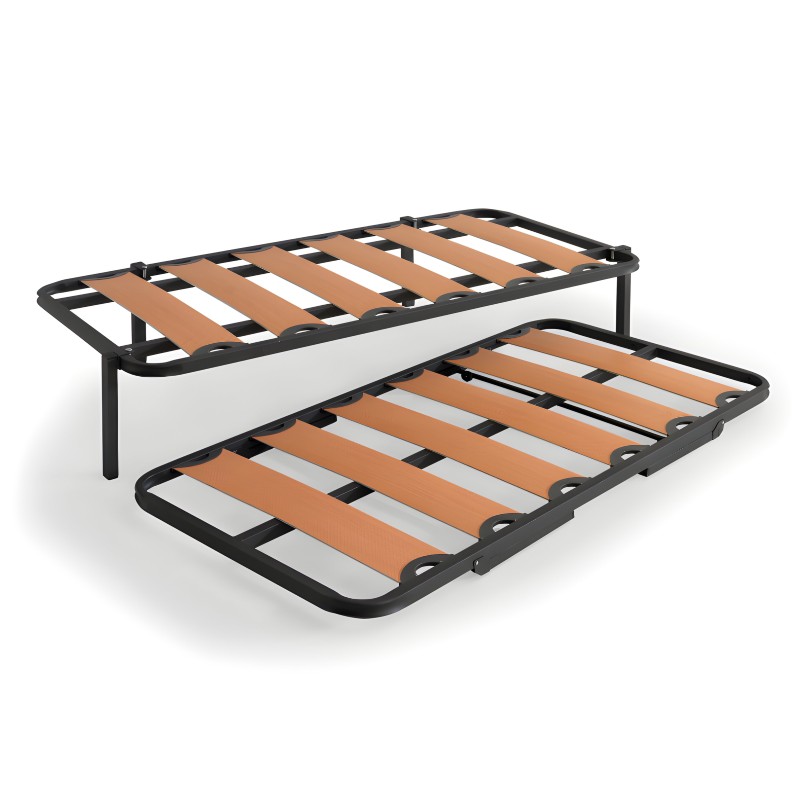 Cama nido con estructura metálica negra y somieres de madera con ruedas deslizantes