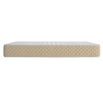 Colchón con funda beige acolchada y superficie blanca vista de perfil