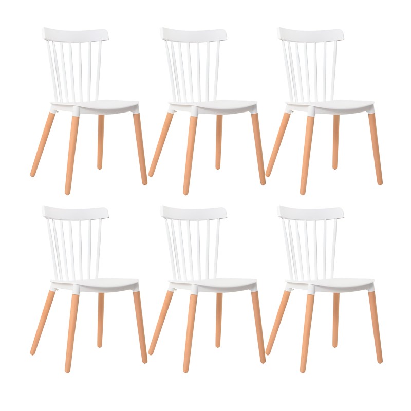 Juego de 6 sillas de comedor estilo nórdico con respaldo de varillas blanco y patas de madera natural