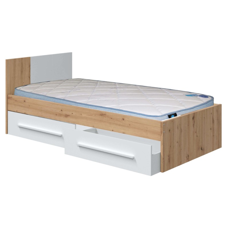 Cama individual madera natural y blanco con cabecero gris y cajones de almacenamiento incluidos