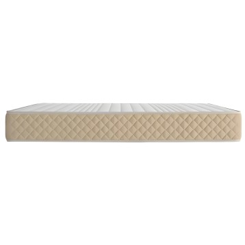 Colchón con superficie acolchada en beige y funda gris clara vista de perfil