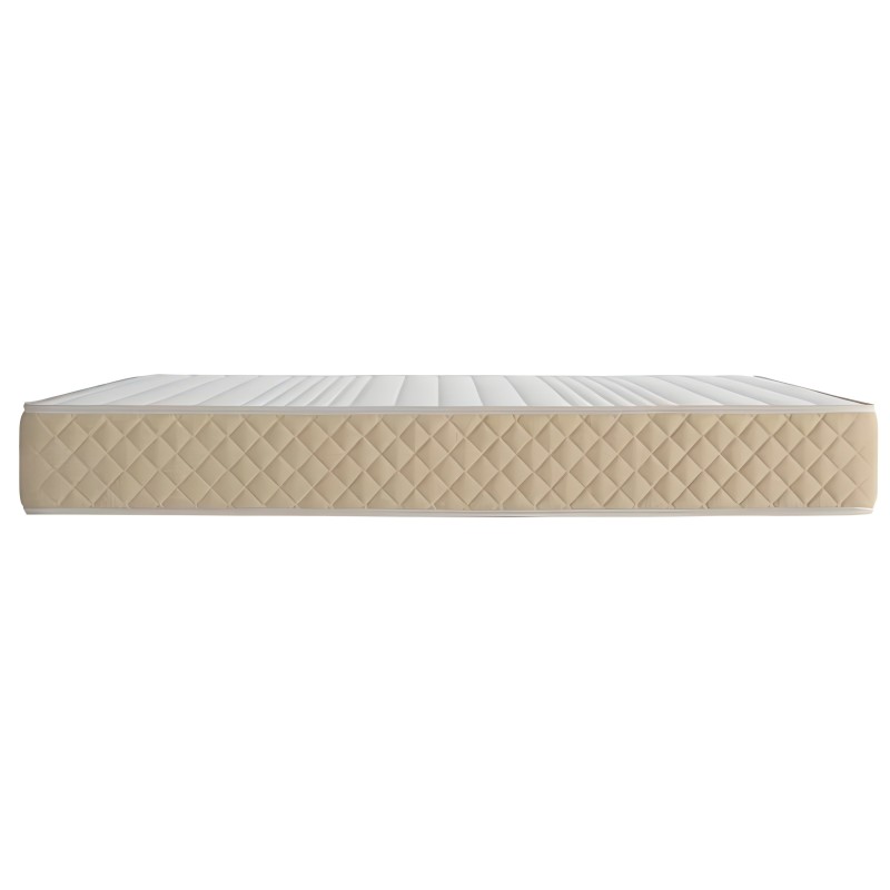 Colchón con superficie acolchada en beige y funda gris clara vista de perfil
