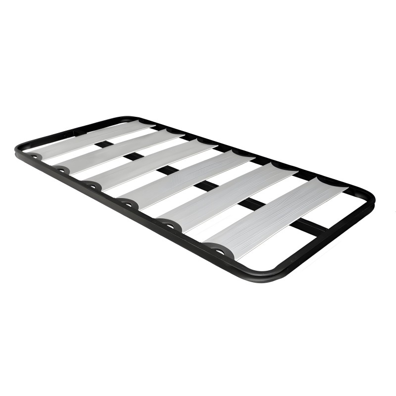 Base de cama con estructura negra y láminas grises y blancas entrecruzadas para soporte de colchón