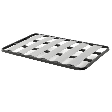 Base de cama con marco negro y láminas grises y blancas en vista superior frontal