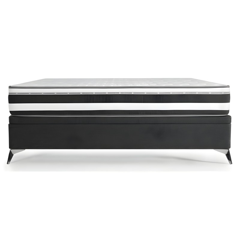 Cama con colchón viscoelástico de capas múltiples y base tapizada en negro con patas inclinadas