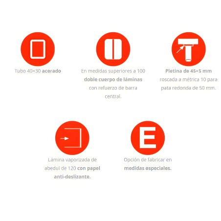 Infografía de características técnicas y materiales de mueble con tubo acerado y lámina vaporizada