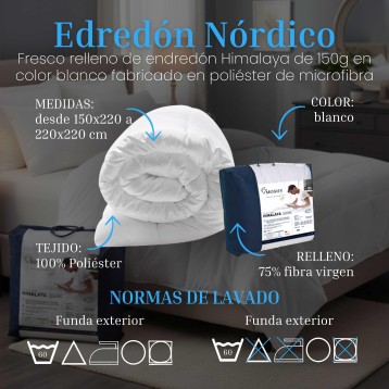 Edredón nórdico blanco relleno de fibra virgen en cama con embalaje y etiqueta de producto visible