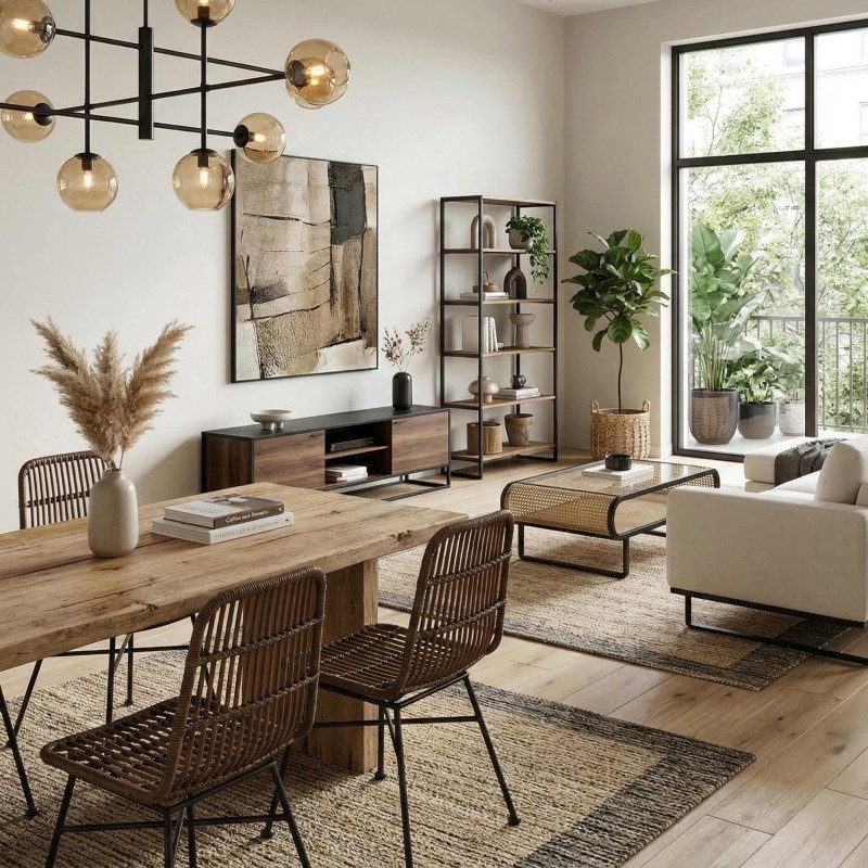 Salón moderno con muebles de madera y metal: mesa de comedor de madera clara con sillas de ratán marrón y mueble TV de madera os