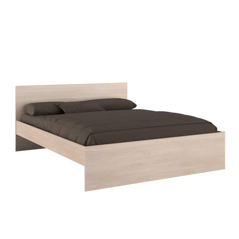 Cama de madera clara con cabecero y base estructurada y ropa de cama gris oscuro