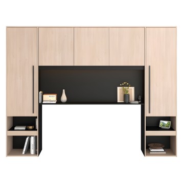 Cabecero con almacenamiento en madera clara y negro con estantes abiertos y puertas altas incluye decoración