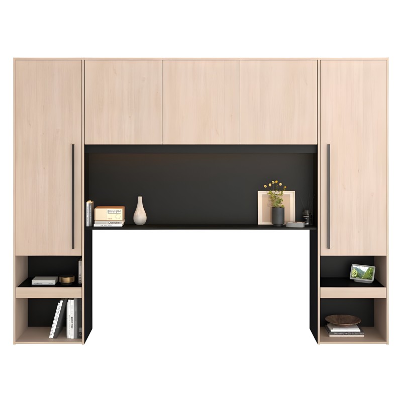 Cabecero con almacenamiento en madera clara y negro con estantes abiertos y puertas altas incluye decoración