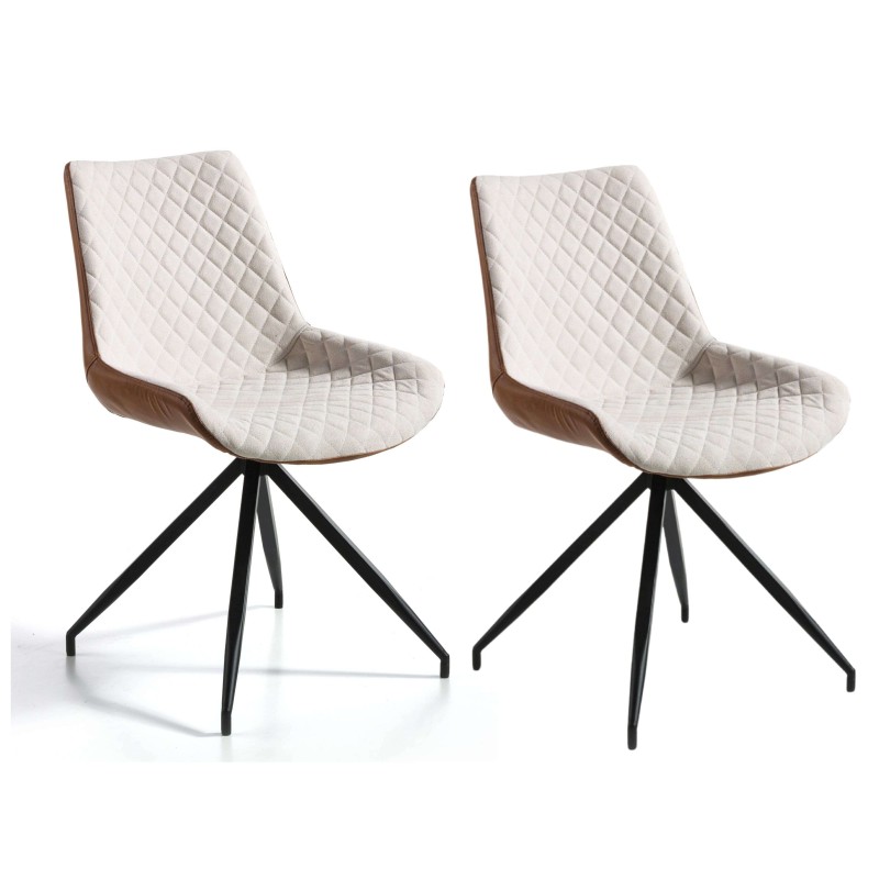Par de sillas de comedor con asiento acolchado blanco y respaldo marrón sobre base negra giratoria