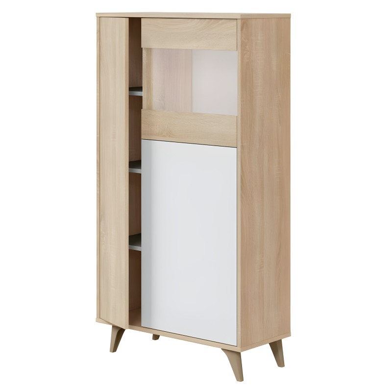 Mueble aparador alto en madera natural con puertas blancas y detalles de vidrio translúcido y estantes interiores