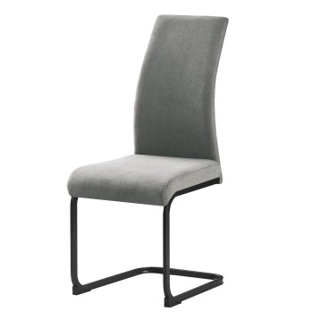 Silla de comedor con respaldo curvo tapizada en gris claro y base metálica negra
