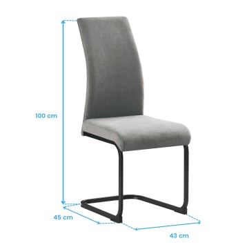 Silla de comedor tapizada en gris claro con respaldo ergonómico curvo y estructura metálica negra