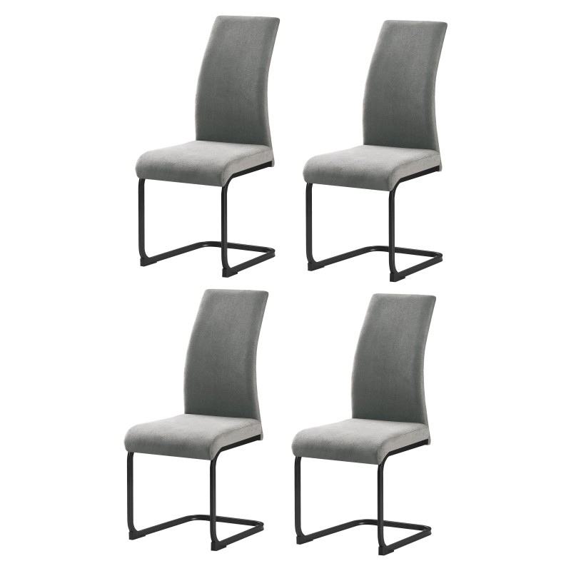 Set de cuatro sillas tapizadas en gris claro con respaldo curvo y base metálica negra voladiza