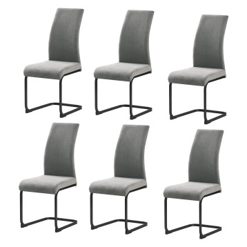 Silla de comedor gris claro con respaldo curvo y estructura metálica negra en voladizo. Conjunto de seis unidades