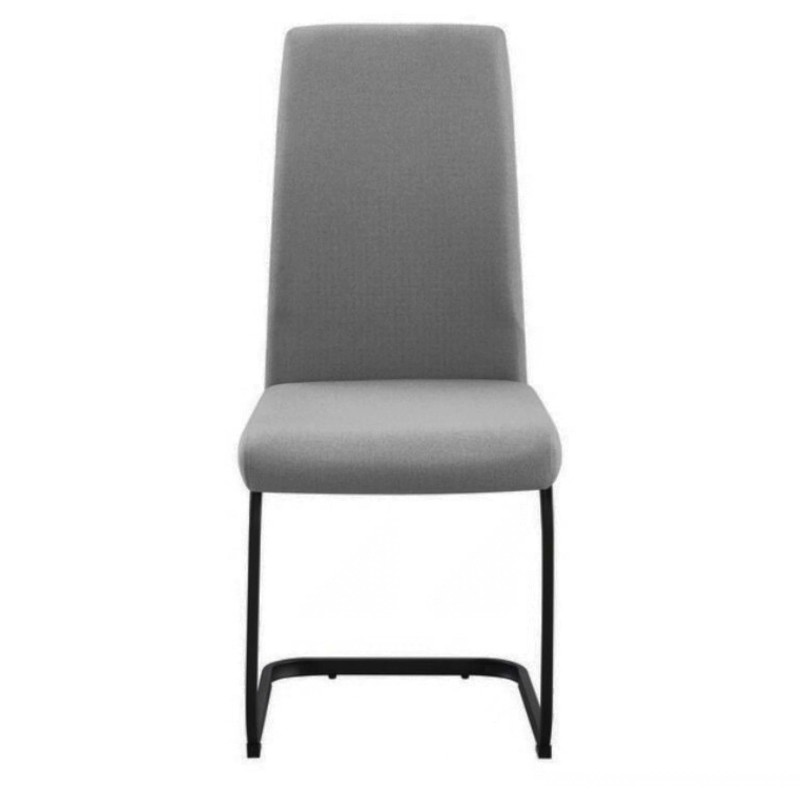 Silla tapizada en gris con respaldo alto y estructura metálica negra en voladizo