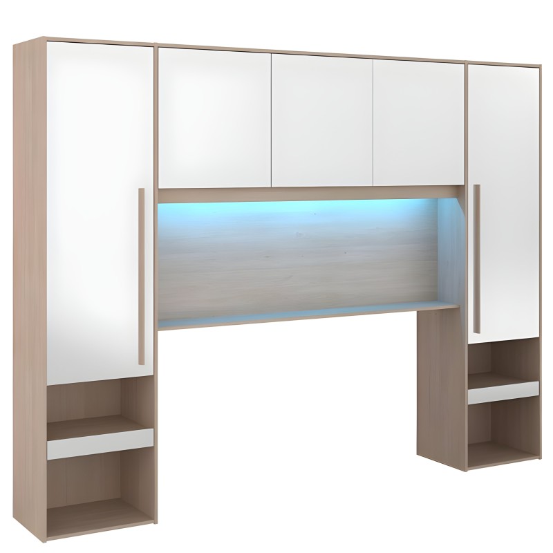 Estantería escritorio madera clara con puertas blancas espejo y luz LED azul lateral