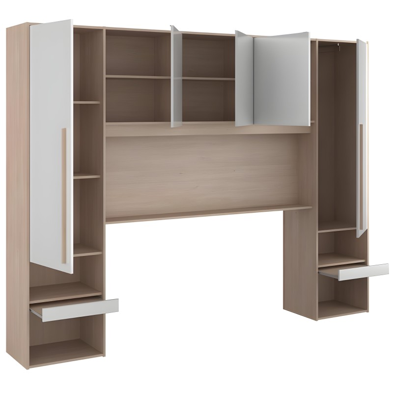 Escritorio modular con estantería integrada en madera y blanco con puertas y compartimentos de almacenaje