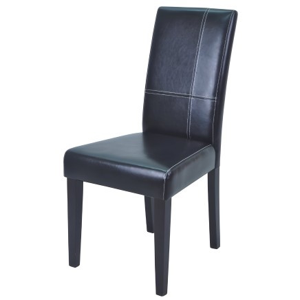 Silla de comedor con respaldo alto en cuero sintético negro y costuras decorativas blancas y patas de madera oscura