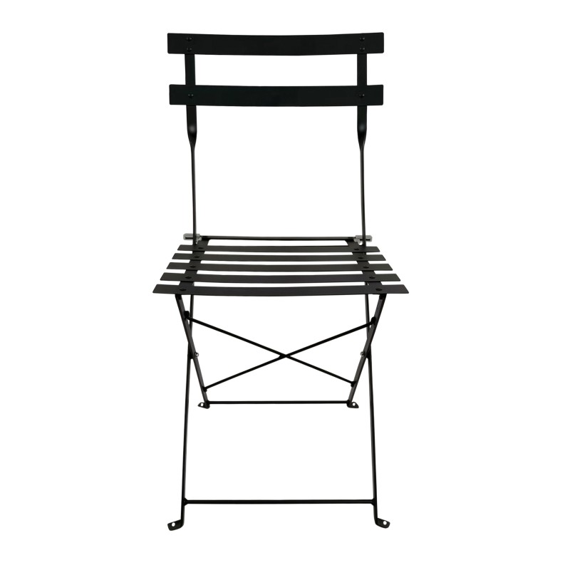 Silla plegable de metal negro con respaldo y asiento de listones horizontales