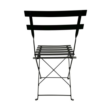 Silla plegable con respaldo y asiento de láminas negras y estructura metálica vista frontal