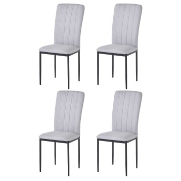 Juego de cuatro sillas de comedor con tapizado gris y estructura metálica negra