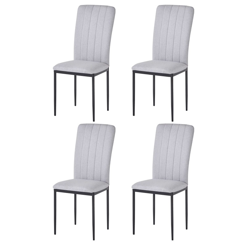 Juego de cuatro sillas de comedor con tapizado gris y estructura metálica negra