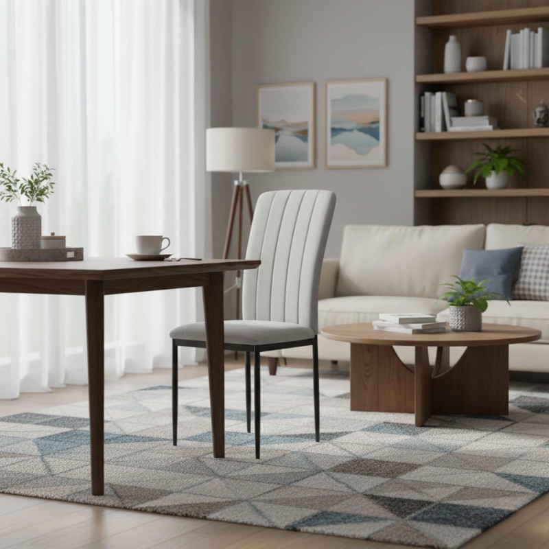Silla de comedor con respaldo acolchado gris claro y patas metálicas negras en ambiente de sala moderna