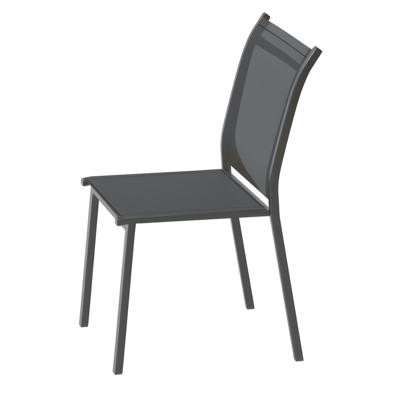 Silla de comedor gris oscuro con respaldo ergonómico y estructura metálica vista frontal
