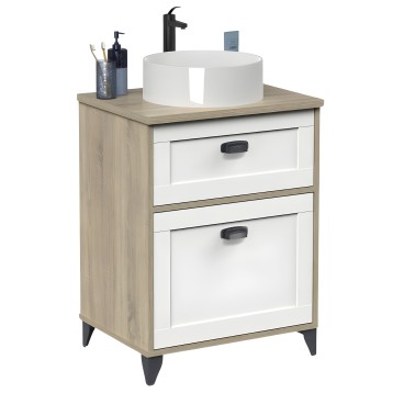 Mueble lavabo dos cajones madera natural y blanco con lavamanos redondo blanco y grifo negro mate