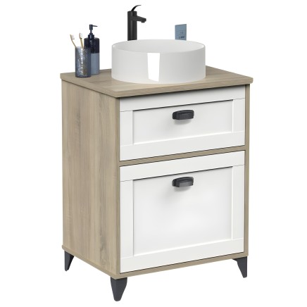 Mueble lavabo dos cajones madera natural y blanco con lavamanos redondo blanco y grifo negro mate