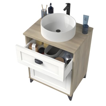 Mueble lavabo con estructura madera y blanco con lavamanos redondo blanco y cajón abierto mostrando almacenamiento
